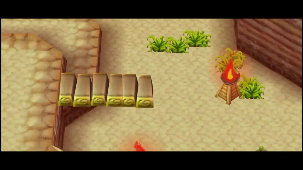 A bridge of golden blocks extending across the gap beside a lit brazier in the Fire Sanctuary