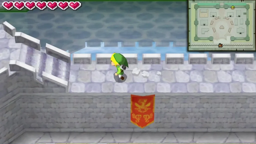 Link running along the top of the Castle Town wall beneath a red banner