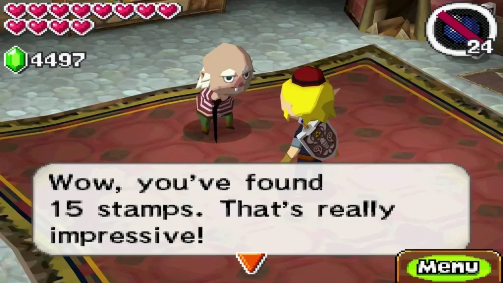 The clothing room man telling Link he has found 15 stamps