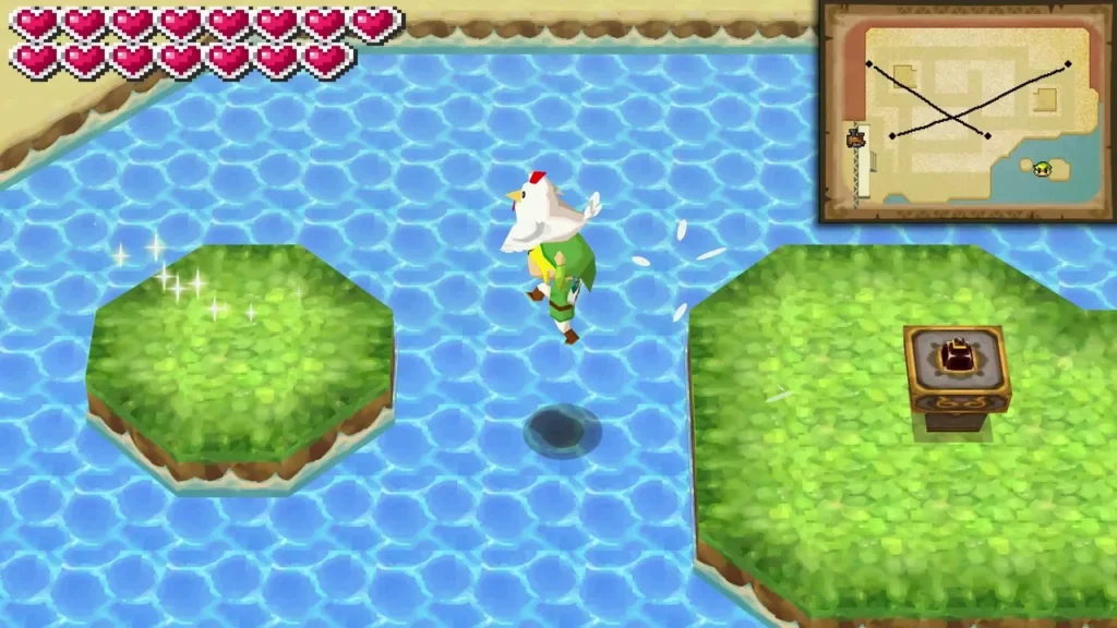 Link fluttering with a Cucco toward the larger island where the stamp station stands