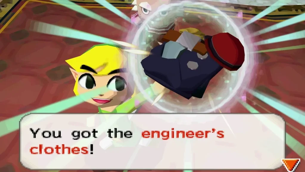 Link holding up the engineer's clothes with the item name box