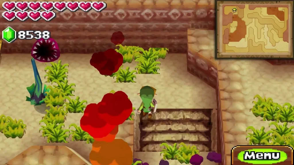 Link at the top of a staircase with a Fire Baba and fire bursts nearby in Goron Village