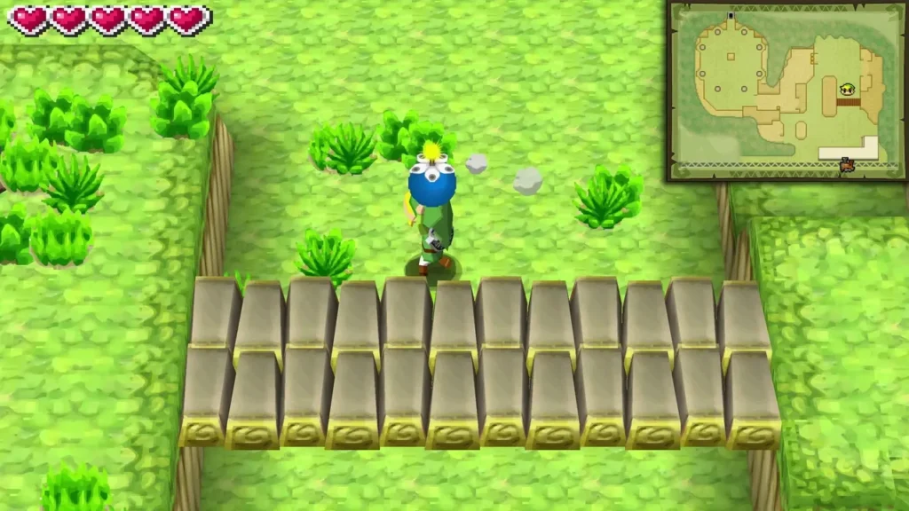Link crossing a stone-slab bridge in the Forest Sanctuary grounds