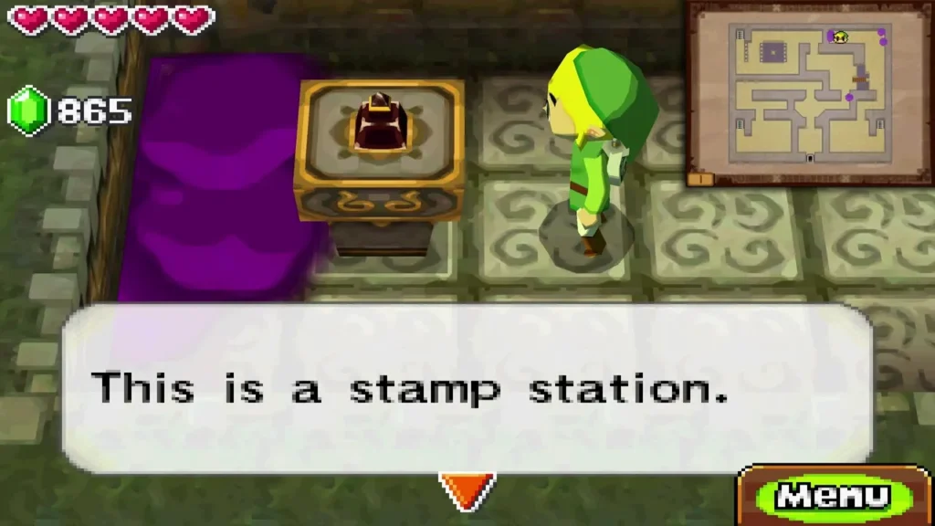 The stamp station on the first floor of the Forest Temple, with the message "This is a stamp station."