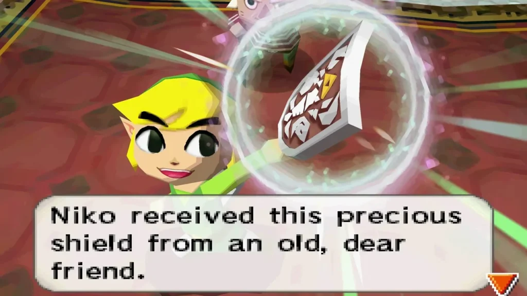 Link holding the Shield of Antiquity while Niko says it came from an old friend