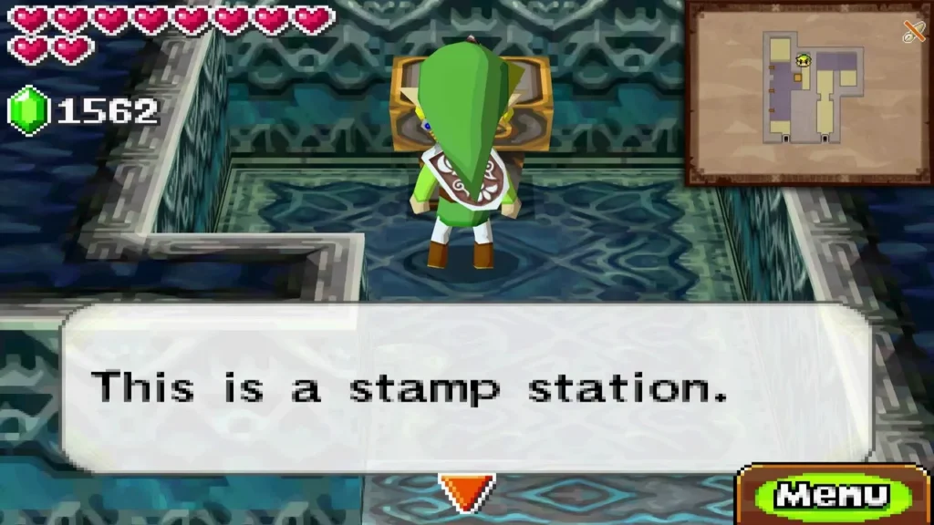 Link at the Ocean Temple stamp station in a hidden room, with the message This is a stamp station.