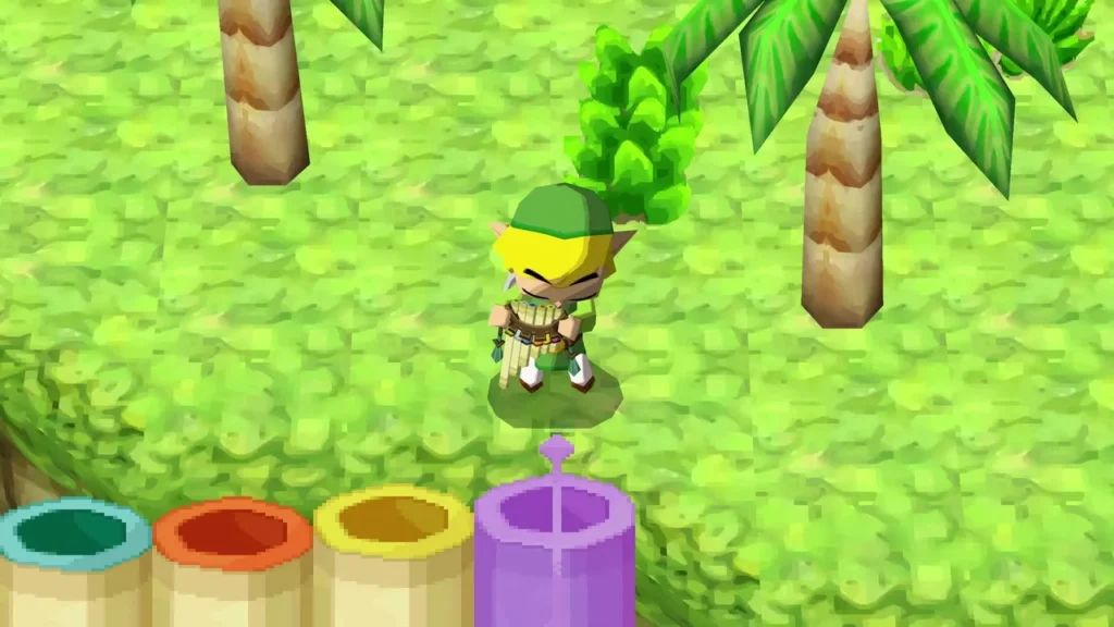 Link playing his pan flute at a row of colored pipes on a Papuchia palm island