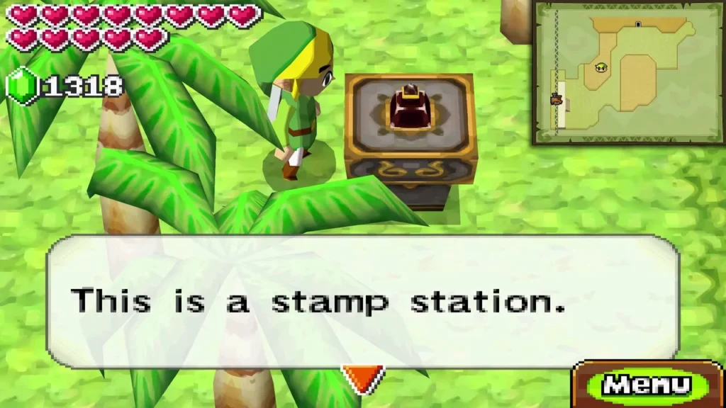 Link beside the Pirate Hideout stamp station on a palm island, with the message This is a stamp station.