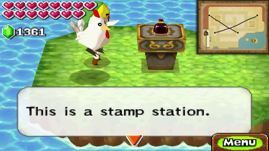 Link on a small grass island in the sea carried by a Cucco, beside the stamp station with its message box