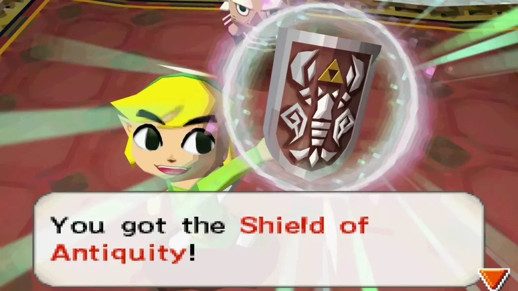 Link holding up the Shield of Antiquity with its item name box