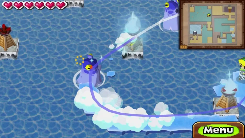 Link's Boomerang passing through a cold flame to freeze an ice path across the water in the Snow Temple basement