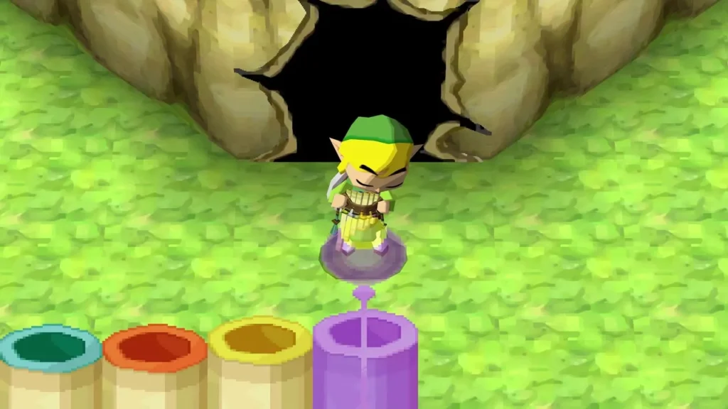 Link playing the Song of Birds on the colored pipes outside the Pirate Hideout cave entrance