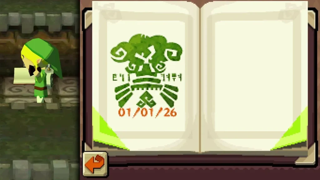 Niko's stamp book with the first stamp pressed onto a blank page, dated 01/01/26