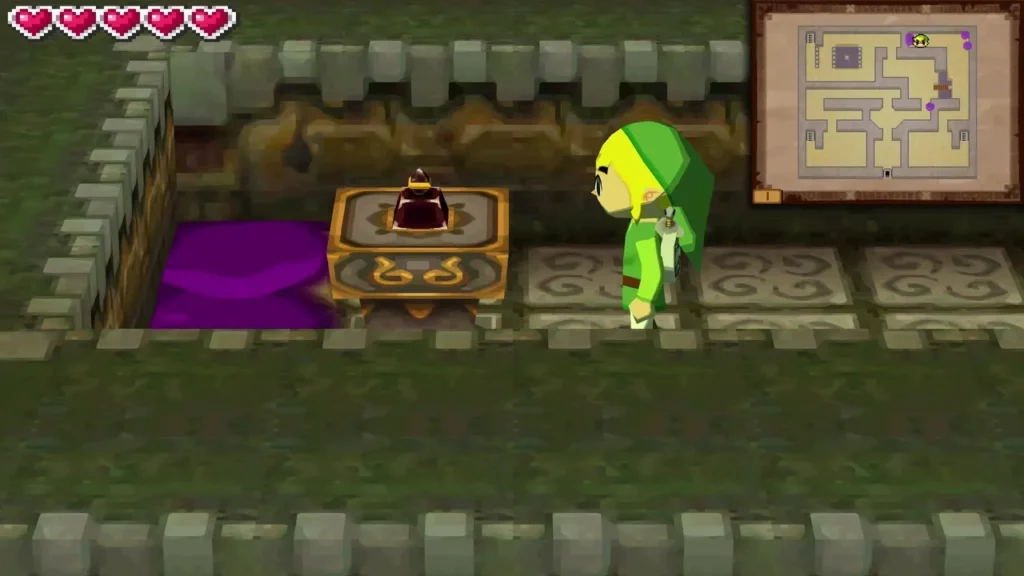 Link standing beside the first-floor stamp station at the back of the cleared Forest Temple corridor