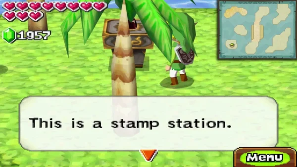 Link beside a stamp station on a palm island, with the message This is a stamp station