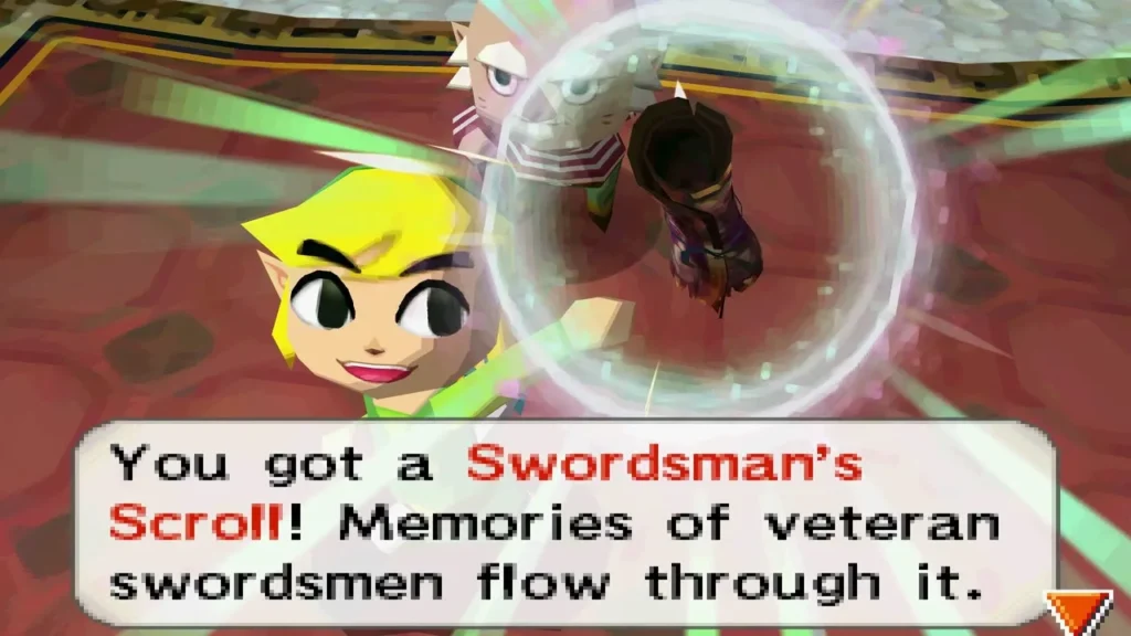 Link holding up a Swordsman's Scroll with its item name box