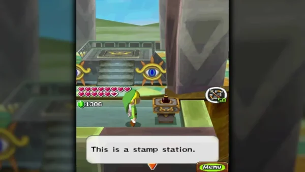 Link beside the stamp station at the top of the Tower of Spirits, with the message box This is a stamp station