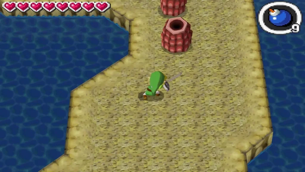 Link on a sandy ledge over water facing red Like Likes in the Trading Post cave
