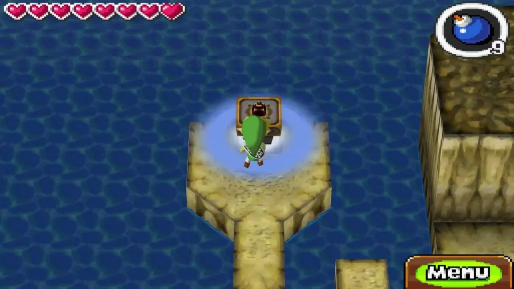 Link beside the Trading Post stamp station on a small island