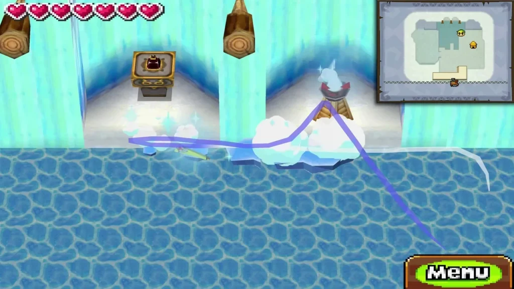 Link's Boomerang trail passing through a cold flame to freeze the water in front of the Wellspring stamp station