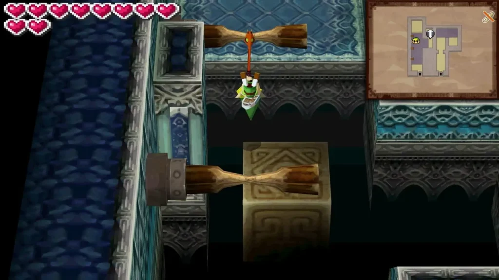 Link swinging across a dark crevice on the Whip in the Ocean Temple