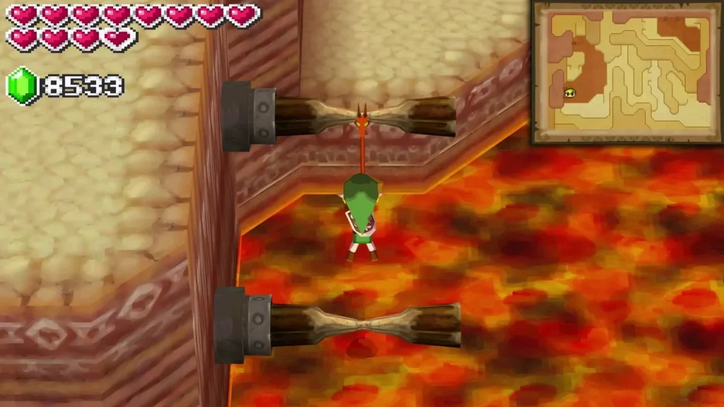 Link whipping across a lava channel on the way to the Goron Village stamp station
