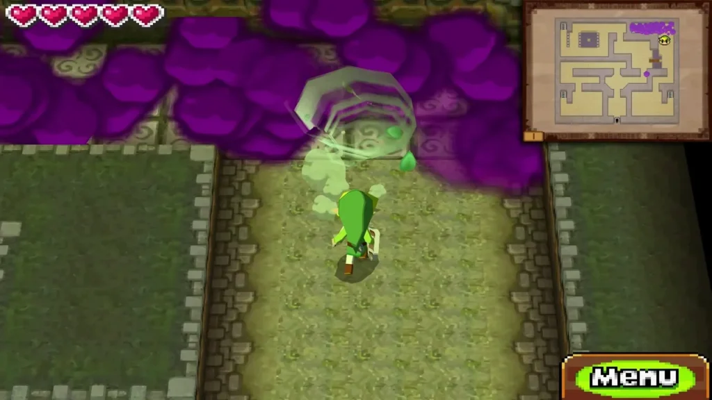 Link spinning the Whirlwind to blow purple poison gas away in a Forest Temple corridor