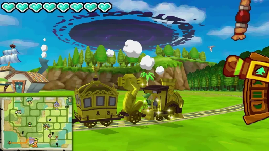 The full golden train set rolling across a grassy field under a dark purple vortex