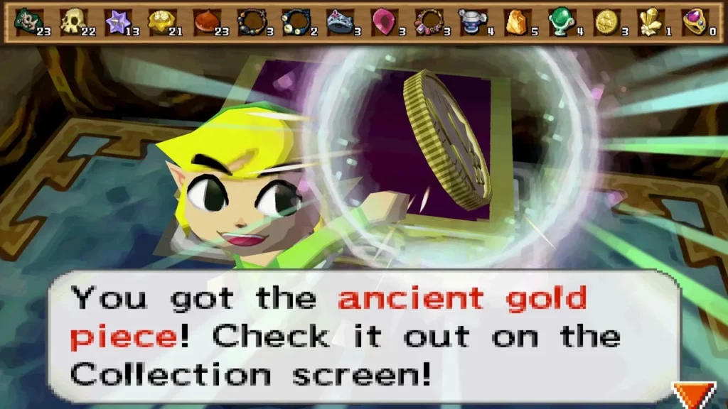 Link holds up an Ancient Gold Piece from a chest on floor 14 of the Tower of Spirits, with its item message box fully shown. Link holds up an Ancient Gold Piece from a chest on floor 14 of the Tower of Spirits, with its item message box fully shown.