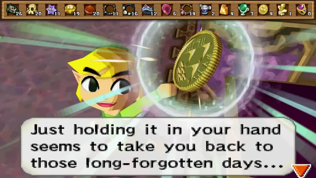 Link holds up a gold coin with the message that it takes you back to long-forgotten days Link holds up a gold coin with the message that it takes you back to long-forgotten days
