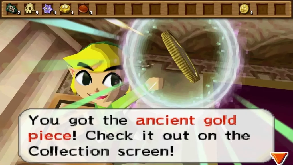Link holds up an Ancient Gold Piece in a Tower of Spirits alcove, with its item message box fully shown. Link holds up an Ancient Gold Piece in a Tower of Spirits alcove, with its item message box fully shown.