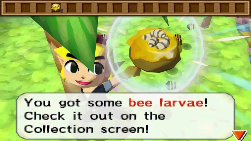 Link holds up a golden hive of bee larvae after shaking a tree in Aboda Village, with its item message box fully shown. Link holds up a golden hive of bee larvae after shaking a tree in Aboda Village, with its item message box fully shown.