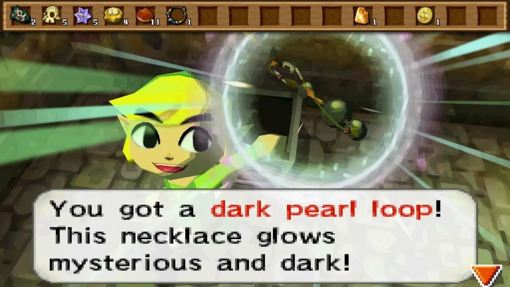 Link holds up a Dark Pearl Loop in the Forest Temple with its name message box Link holds up a Dark Pearl Loop in the Forest Temple with its name message box