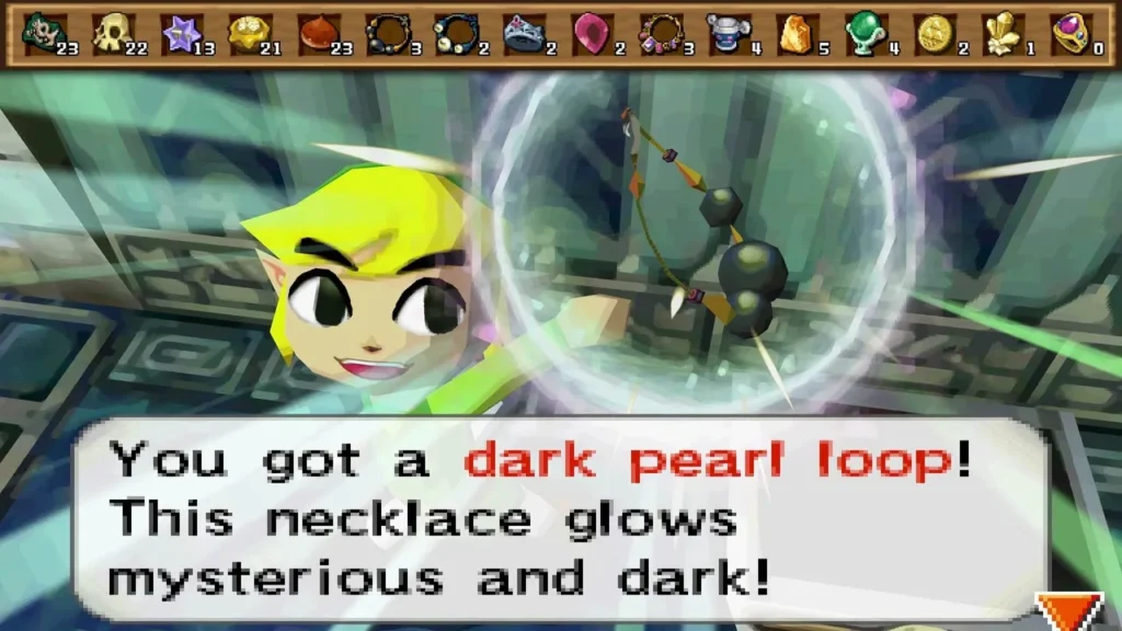 Link holds up a Dark Pearl Loop on floor 2 of the Tower of Spirits, with its item message box fully shown. Link holds up a Dark Pearl Loop on floor 2 of the Tower of Spirits, with its item message box fully shown.