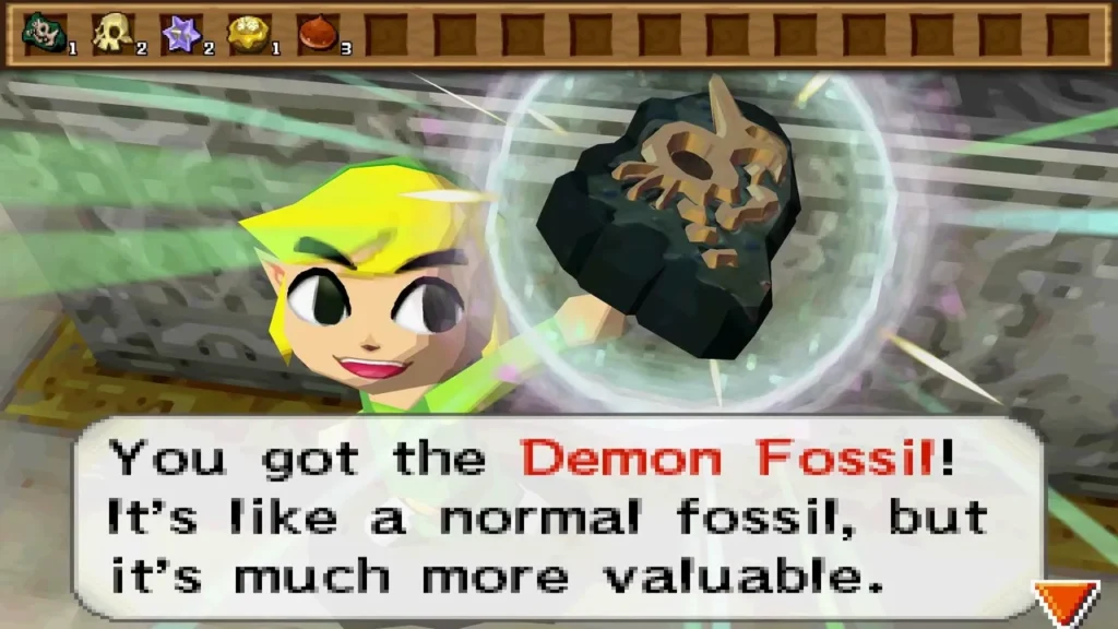 Link holds up a Demon Fossil in a stone castle hall, with its name message box shown Link holds up a Demon Fossil in a stone castle hall, with its name message box shown