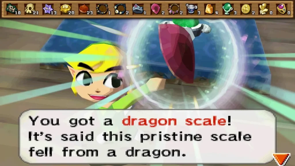 Link holds up a Dragon Scale bought at Beedle's Air Shop, with its item message box fully shown. Link holds up a Dragon Scale bought at Beedle's Air Shop, with its item message box fully shown.