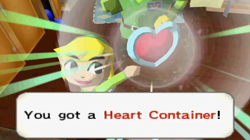 Link holds up a Heart Container, with its item message box fully shown. Link holds up a Heart Container, with its item message box fully shown.