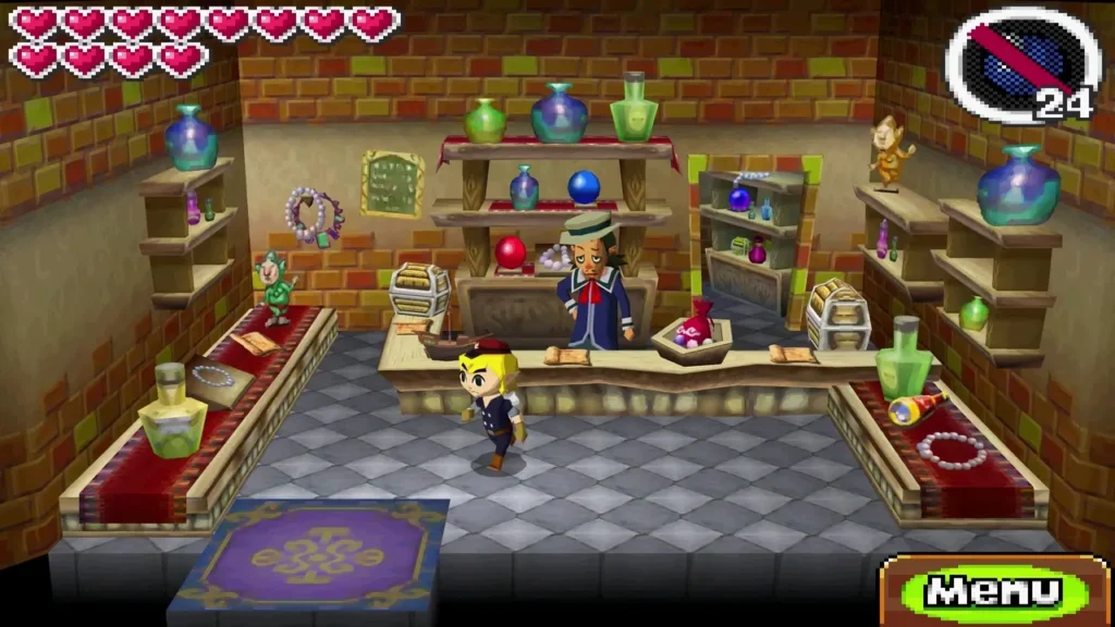 Link standing in front of the Linebeck Trading Company counter with shelves of treasure Link standing in front of the Linebeck Trading Company counter with shelves of treasure