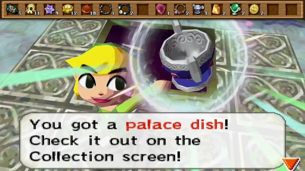 Link holds up a silver Palace Dish on a patterned floor in the Tower of Spirits Link holds up a silver Palace Dish on a patterned floor in the Tower of Spirits