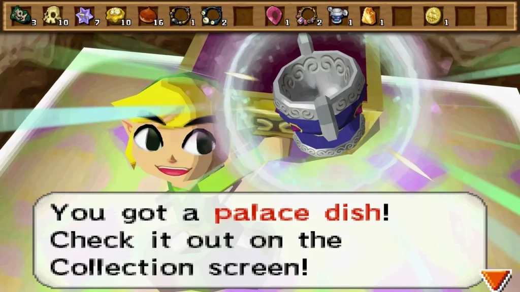 Link holds up a Palace Dish in a Tower of Spirits room, with its message box Link holds up a Palace Dish in a Tower of Spirits room, with its message box