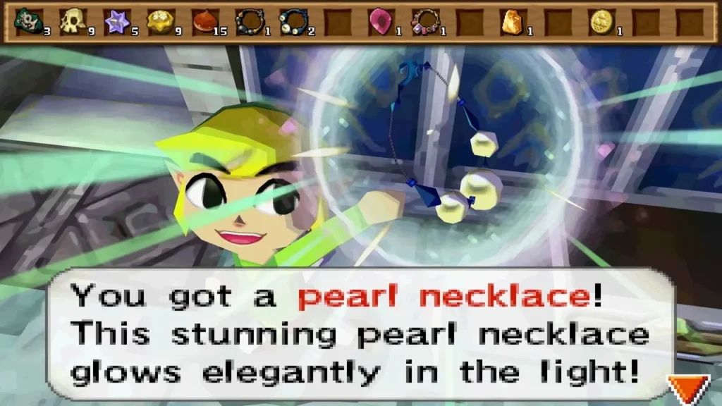 Link holds up a Pearl Necklace in the Snow Temple, with its item message box fully shown. Link holds up a Pearl Necklace in the Snow Temple, with its item message box fully shown.