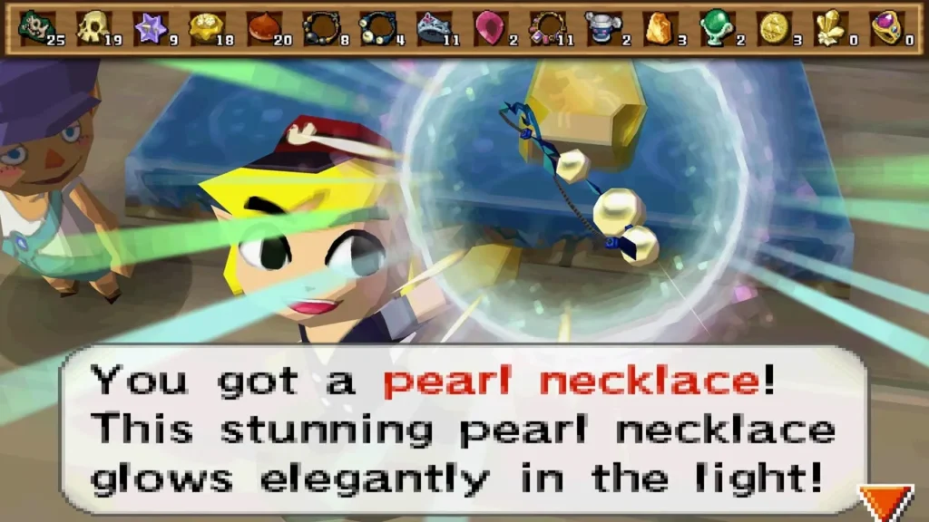 Link holds up a Pearl Necklace bought at a treasure shop, with its item message box fully shown. Link holds up a Pearl Necklace bought at a treasure shop, with its item message box fully shown.