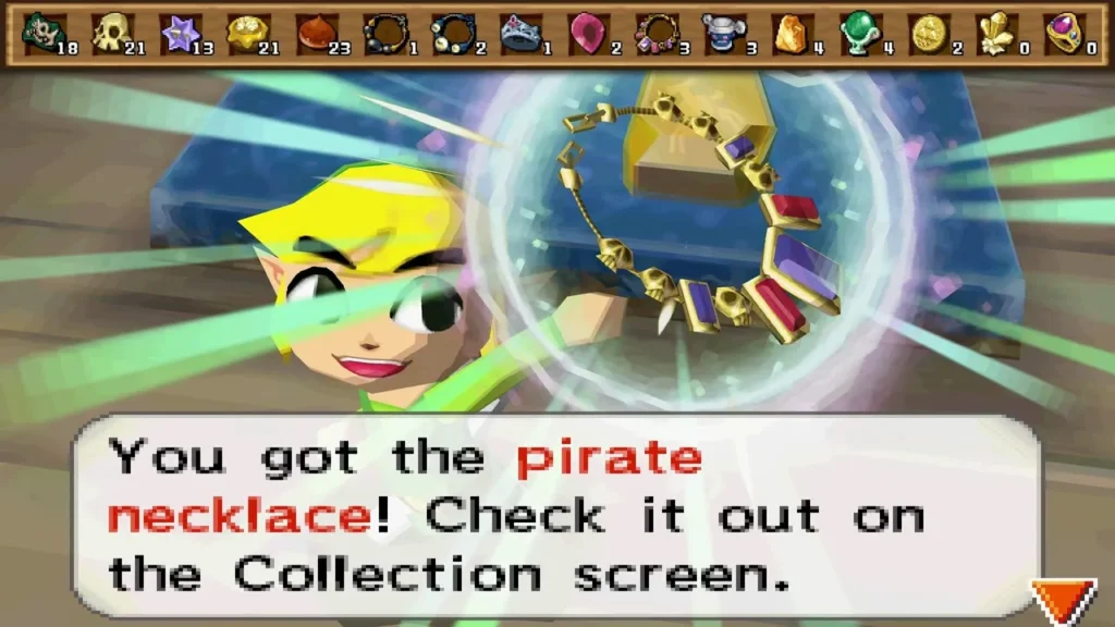 Link holds up a Pirate Necklace in Beedle's Air Shop, with its name message box Link holds up a Pirate Necklace in Beedle's Air Shop, with its name message box