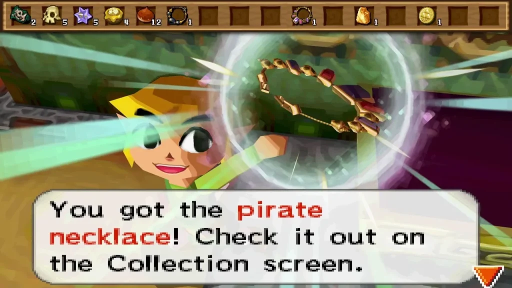 Link holds up a Pirate Necklace in a Tower of Spirits room, with its name message box Link holds up a Pirate Necklace in a Tower of Spirits room, with its name message box