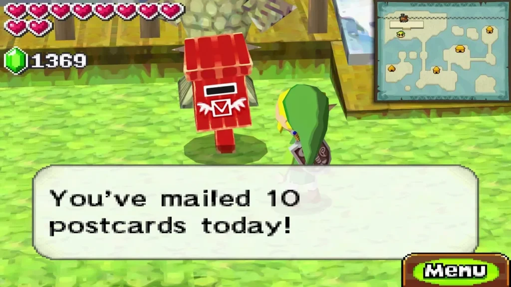 Link stands at a red mailbox, with a message that he has mailed ten prize postcards that day. Link stands at a red mailbox, with a message that he has mailed ten prize postcards that day.