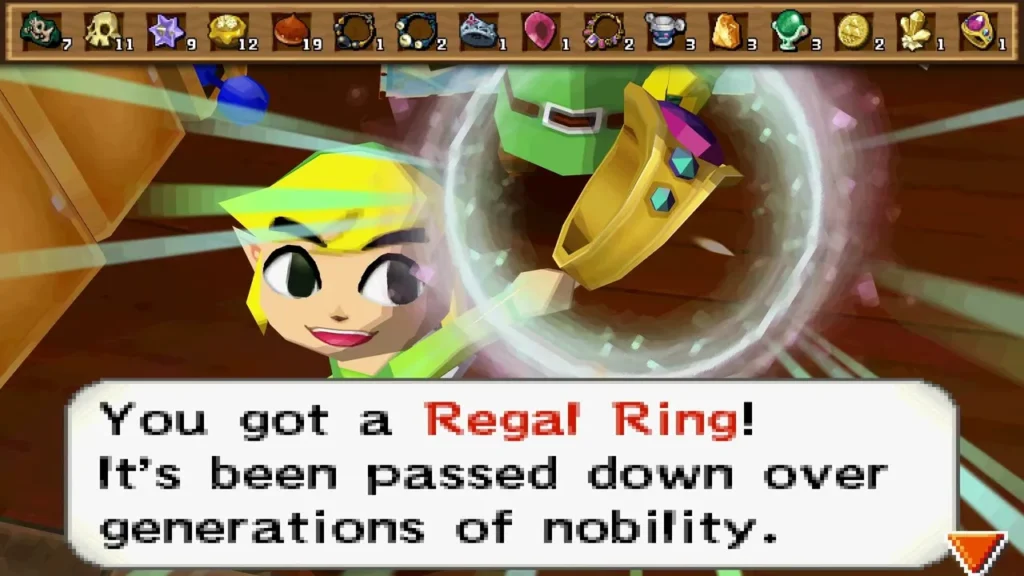 Link holds up a Regal Ring in the sword training hall, with its name message box Link holds up a Regal Ring in the sword training hall, with its name message box