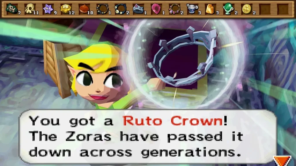 Link holds up a Ruto Crown in a Tower of Spirits room, with its message box Link holds up a Ruto Crown in a Tower of Spirits room, with its message box