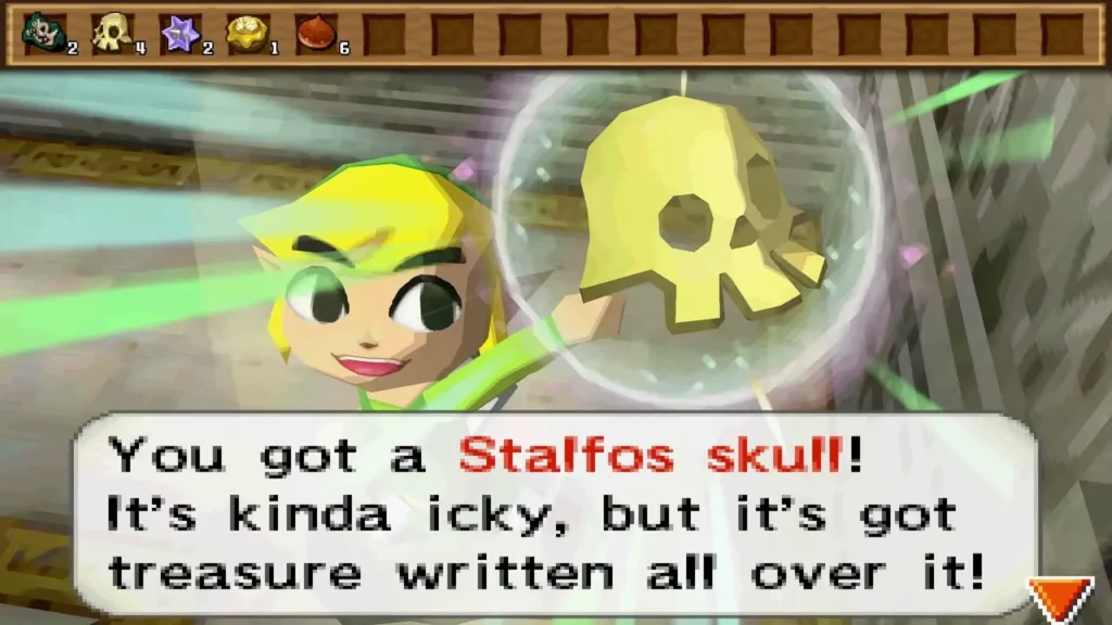 Link holds up a Stalfos Skull in a Hyrule Castle chest room, with its item message box fully shown. Link holds up a Stalfos Skull in a Hyrule Castle chest room, with its item message box fully shown.
