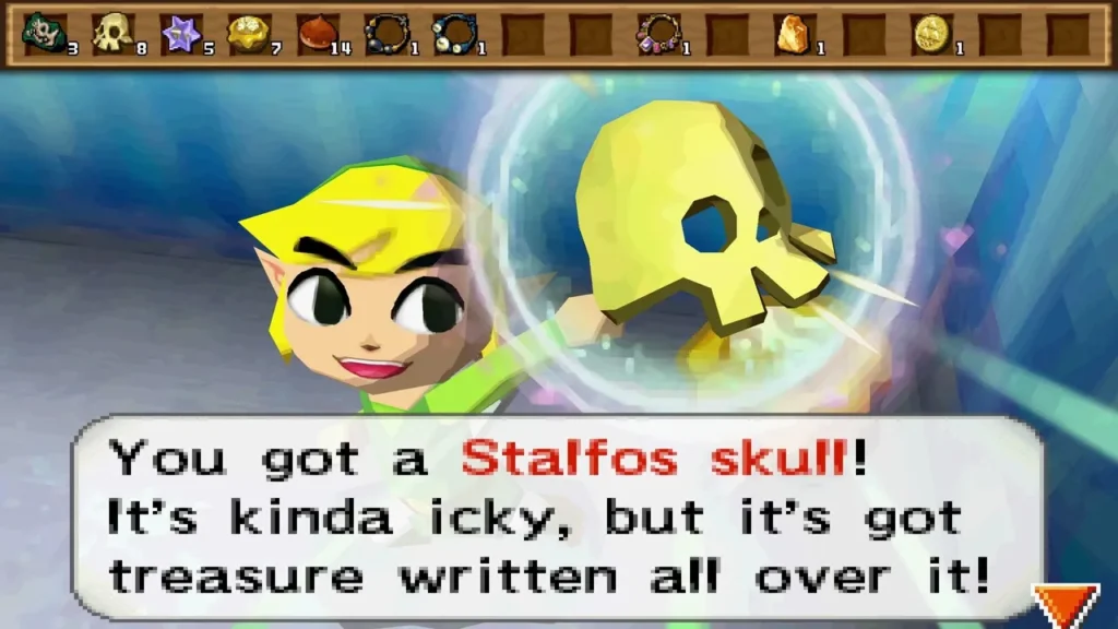 Link holds up a Stalfos Skull in the Snow Realm, with its item message box fully shown. Link holds up a Stalfos Skull in the Snow Realm, with its item message box fully shown.