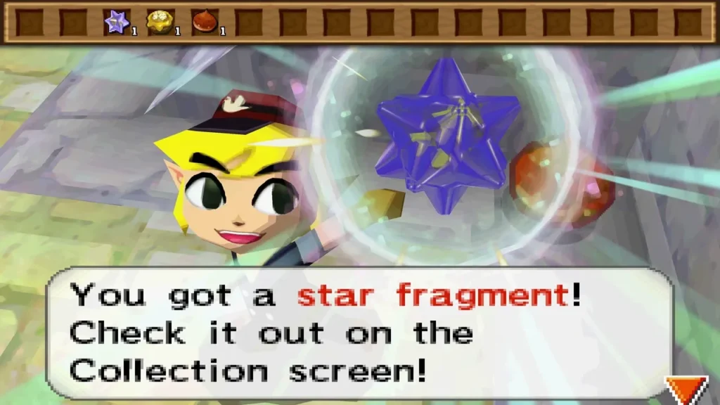 Link holds up a Star Fragment in Castle Town, with the Collection screen message box Link holds up a Star Fragment in Castle Town, with the Collection screen message box